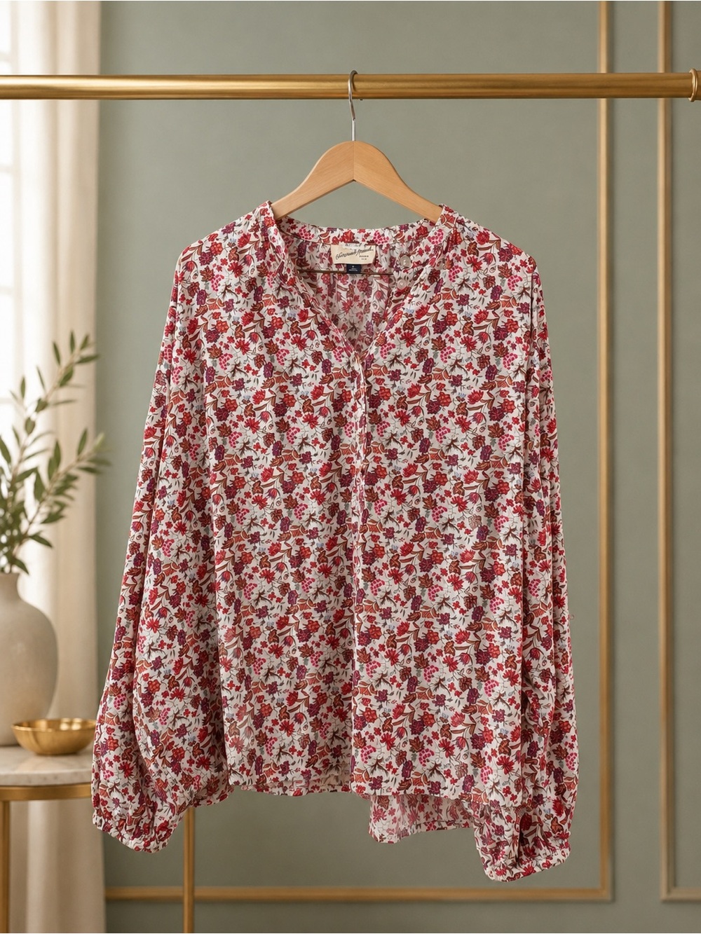 Universal Thread Womens XL Red Floral Poet Blouse Balloon Sleeve Cotton Rayon